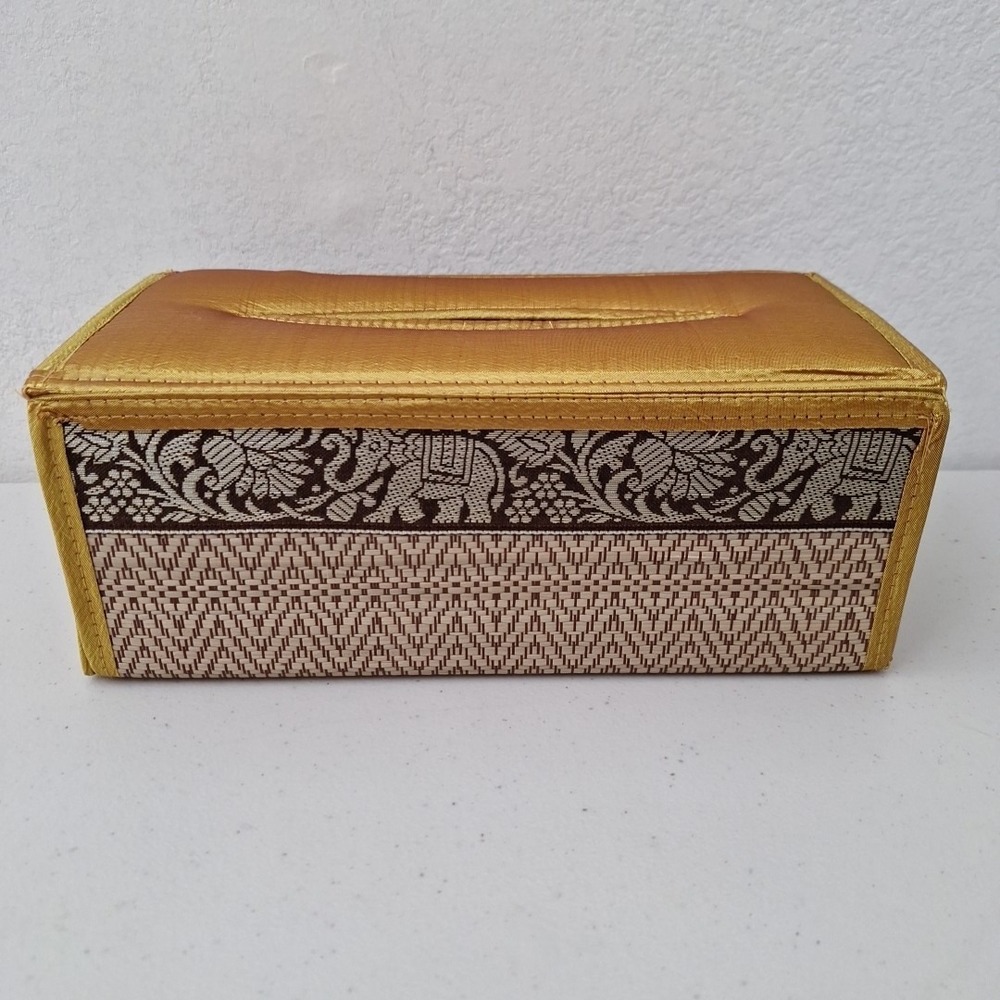 Vintage‎ MCM Mid Tissue Box Cover Collapsing Fabric Tapestry Elephant Design